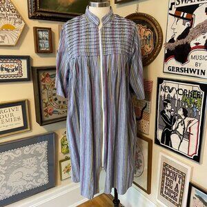 Vintage Saybury Coffee Coats Blue Striped Cotton House Dress Size 1X
